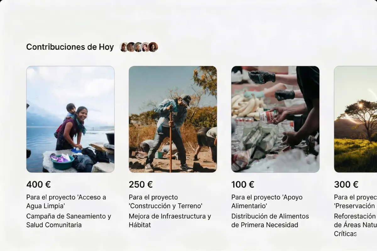 Muestra de catálogo de recaudación de fondos con proyectos y productos.