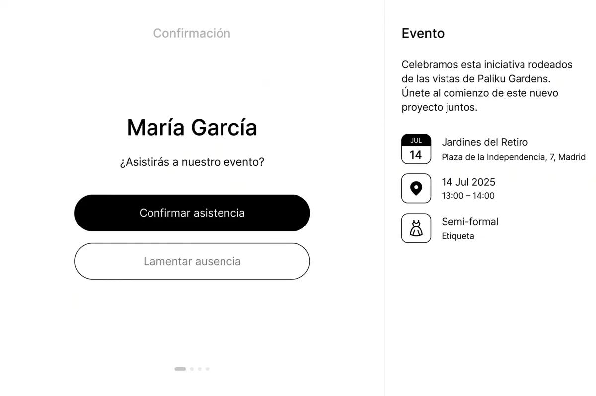 Superficie de planificación de eventos con detalles de confirmación de asistencia.